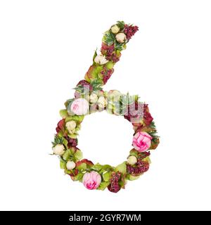 The number six Part of a set of letters, Numbers and symbols of the Alphabet made with flowers, branches and leaves on white background Stock Photo