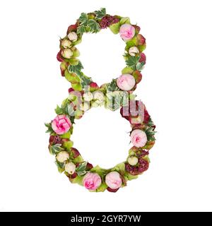 The number Eight Part of a set of letters, Numbers and symbols of the Alphabet made with flowers, branches and leaves on white background Stock Photo