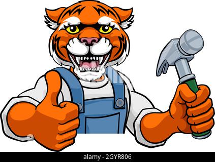 Tiger Carpenter Handyman Builder Holding Hammer Stock Vector