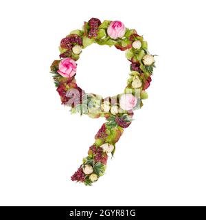 The number Nine Part of a set of letters, Numbers and symbols of the Alphabet made with flowers, branches and leaves on white background Stock Photo