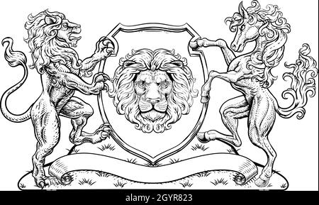 Coat of Arms Horse Lions Crest Shield Family Seal Stock Vector