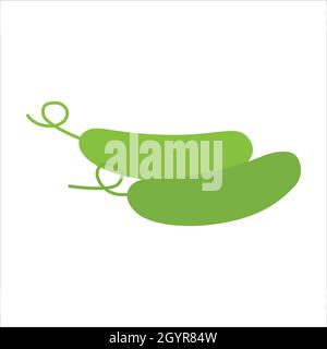 Two green cucumbers with flowers in a bright color vector image, flat design. Stock Vector