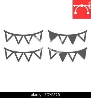 Paper garlands line and glyph icon, holiday and bunting flags, garland vector icon, vector graphics, editable stroke outline sign, eps 10. Stock Vector