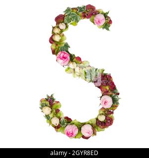 Capital Letter S Part of a set of letters, Numbers and symbols of the Alphabet made with flowers, branches and leaves on white background Stock Photo