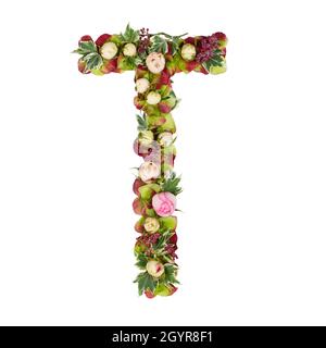 Capital Letter T Part of a set of letters, Numbers and symbols of the Alphabet made with flowers, branches and leaves on white background Stock Photo