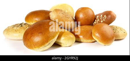 Various Bread Rolls for Hamburger and Hot Dogs isolated on white Background Stock Photo