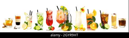 Classic and famous Cocktails Panorama isolated on white Background