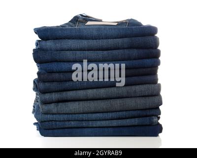 Blue Jeans Stack isolated on white Background Stock Photo