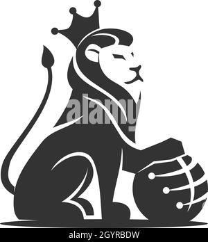 Lion Holding Globe technology illustration emblem mascot design Template Stock Vector