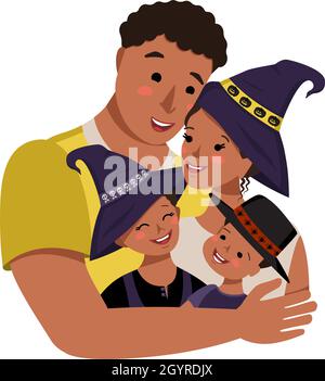 Happy African American family in Halloween costumes. Dad, mom, daughter and son in witch hats with skulls, pumpkins and spiders for autumn carnival Stock Vector