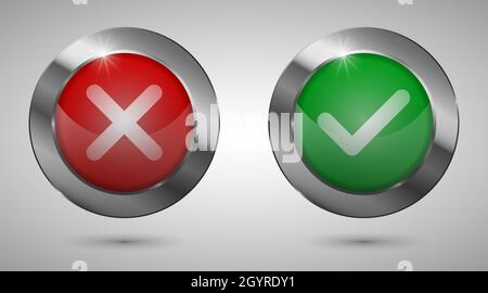 EPS10 Vector realistic check mark and cross icons buttons for web and mobile applications. Red and green colors. Stock Vector