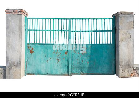old metal gate with peeling paint and concrete pillars. isolated on white background Stock Photo