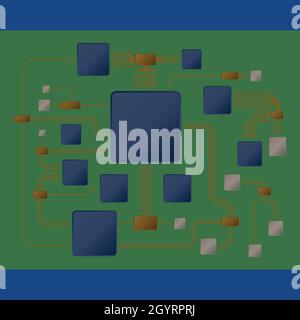 Different electronic circuits on green background Stock Vector