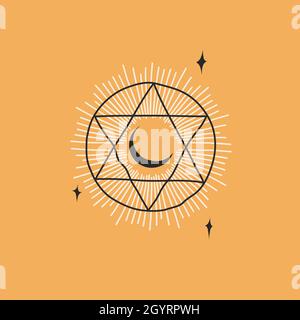 Hand drawn vector abstract stock flat graphic illustration with logo element,bohemian astrology magic minimalistic emblem of mystic line arch and Stock Vector