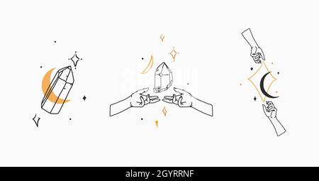 Vector graphic outline logo collection set with crystals,moon,stars in human hands.Astrology mystic minimal concept for branding.Bohemian magic mystic Stock Vector