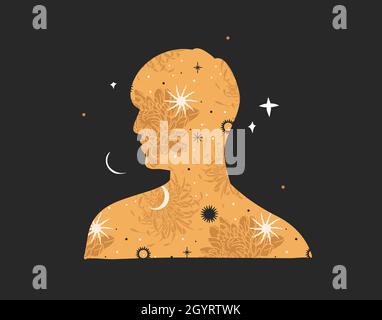 Hand drawn vector abstract stock flat graphic illustration with logo element,bohemian astrology magic art of galaxy space,crescent moon,stars,sun and Stock Vector