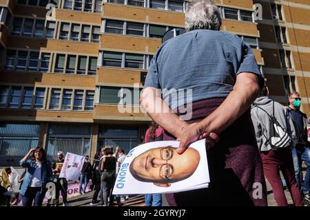 Rome, Italy. 09th Oct, 2021. People participate in a protest to demand a 'radical change of pace' in environmental policy and to demand an end to the 'greenwashing' of the Minister for Ecological Transition Roberto Cingolani in front of the Ecological Transition Headquarters Credit: Independent Photo Agency Srl/Alamy Live News Stock Photo