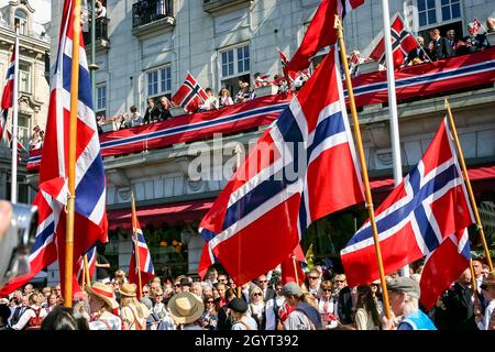 Norwegian flags, in a parade for Norwegian Constitution day, 17th May