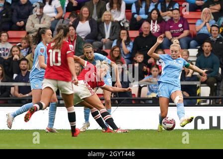 Manchester United's Alessia Russo (centre) scores their side's second goal of the game during the FA Women's Super League match at Leigh Sports Village, Manchester. Picture date: Saturday October 9, 2021. Stock Photo