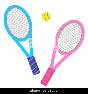 Two tennis rackets and ball. Set for playing sport game. Big tennis racquets in simple flat style. Illustration for books, magazines, sport shops. Act Stock Vector