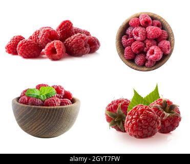 Raspberries isolated on white background. Raspberry with copy space for text. Raspberries isolation. Set of raspberries from different angles on white Stock Photo
