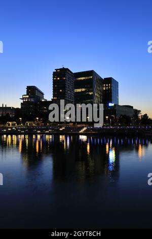 Nightime view over the Media City, Salford Quays, Manchester, Lancashire, England, UK Stock Photo