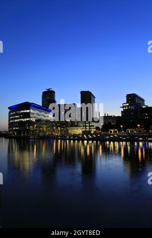 Nightime view over the Media City, Salford Quays, Manchester, Lancashire, England, UK Stock Photo