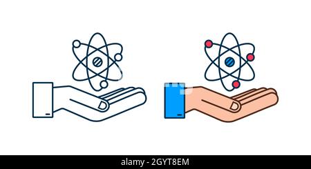 Atom icon over hands vector, atom symbols on white background. Stock Vector