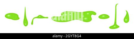 Set of bright lime green slime drips and blots of Halloween design in comic style. Glow silicon drops as a fidget toys popit. Monster style with green Stock Vector