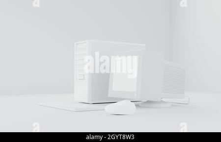 3D rendering old computer standard workstation, crt white screen, atx case, mouse keyboard wireless on white background Stock Photo