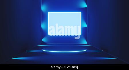 Abstract neon blue background pedestal, stand podium in the room with spotlight blue color dark blue Stock Photo