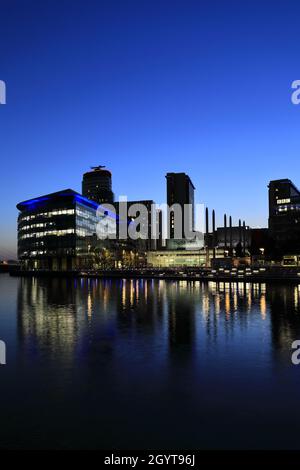 Nightime view over the Media City, Salford Quays, Manchester, Lancashire, England, UK Stock Photo