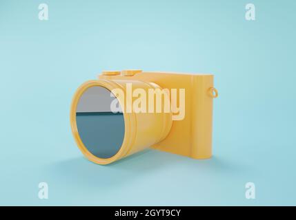 Mirrorless camera 3D illustration. Digital yellow photo camera on blue background. 3D rendering minimal a take photo concept