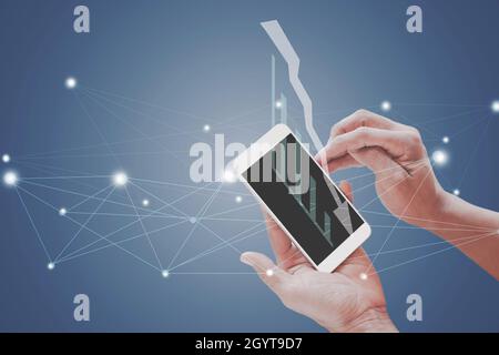 Mockup of a blank white screen cell phone. Man hand holds smartphone using mobile for message chat. White background empty space for advertising busin Stock Photo