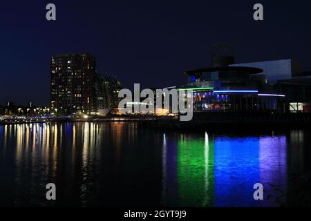 Nightime view over the Media City, Salford Quays, Manchester, Lancashire, England, UK Stock Photo