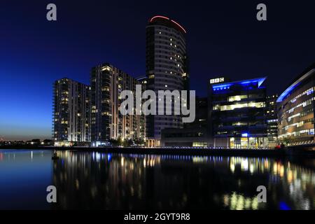 Nightime view over the Media City, Salford Quays, Manchester, Lancashire, England, UK Stock Photo