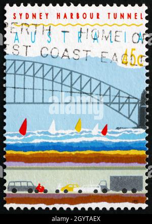 AUSTRALIA - CIRCA 1992: a stamp printed in Australia shows Sydney Harbor Bridge and Tunnel, Right Side, Opening of Sydney Harbor Tunnel, circa 1992 Stock Photo