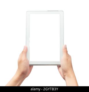 Male hand holding the white tablet pc computer with blank screen isolated on white background with clipping path Stock Photo