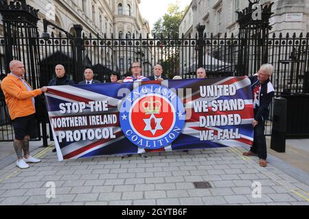 London, UK. 9th Oct, 2021. British loyalists marched from Trafalgar Square to Houses of Parliament and Downing Street protesting the Northern Ireland Protocol between the UK and the European Union. The protocol included in the Brexit deal keeps Northern Ireland in EU market and creates a customs border in the Irish Sea. (Credit Image: © Tayfun Salci/ZUMA Press Wire) Stock Photo