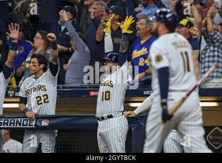 Milwaukee Brewers' Rowdy Tellez (11) celebrates his two-run home run off  Tampa Bay Rays' Cooper Criswell with Darin Ruf during the fourth inning of  a baseball game Sunday, May 21, 2023, in