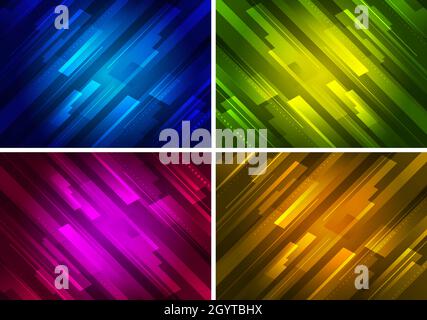 Set abstract technology futuristic concept yellow, blue, green, red glowing diagonal stripes layered on dark background. Vector illustration Stock Vector
