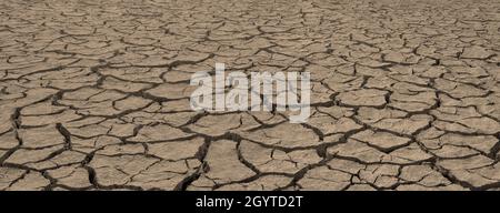 Dried brown soil with cracks, natural texture in perspective, deep focus Stock Photo