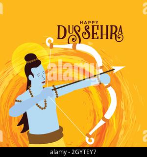 Illustration of Happy Dussehra. In the Poster, God Ram holds Arrow in the Bow. Colorful Background. Stock Vector