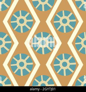 Abstract stylized sun and waves seamless vector pattern background. Ancient Egypt inspired gold blue backdrop celestial and water motifs. Geometric Stock Vector
