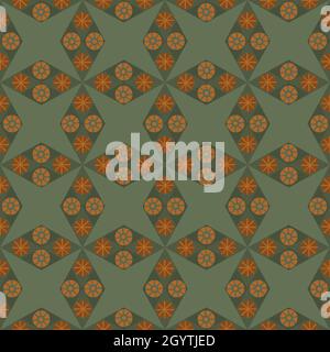 Abstract star shaped seamless vector pattern background. Azulejo style backdrop with diamond, rhombus shapes, celestial motifs. Earthy sage green Stock Vector