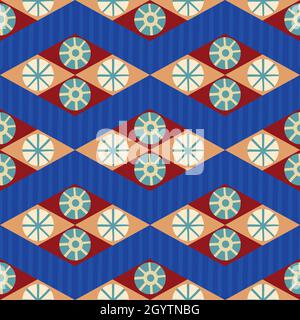 Abstract stylized sun and star diamond shape seamless vector pattern background. Azulejo style backdrop with stripes, ancient Egypt inspired rhombus Stock Vector