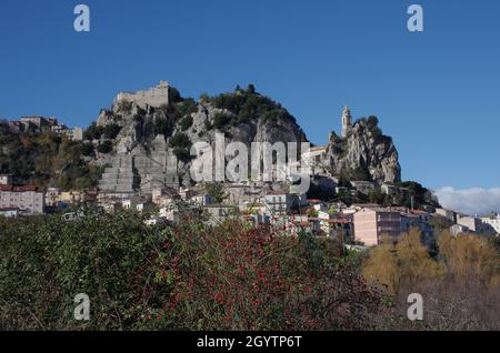 A hedge of wild rose with red fruits rich in vitamin C and flavonoids and the characteristic village of Bagnoli del Trigno in the province of Isernia Stock Photo