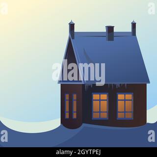 Rural small house in winter. Landscape. Dusk. Christmas night. Quiet winter evening. The gable roof is covered with snow. Nice and cozy suburban Stock Vector