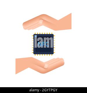 NFC processor icon with hands. NFC chip. Near field communication. Vector stock illustration. Stock Vector