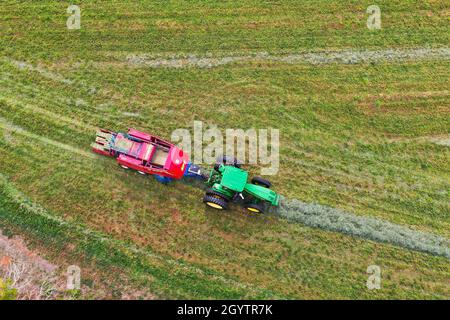 A drone view of a rancher driving a tractor and baling hay on a ranch in the canyon country of Utah. Stock Photo